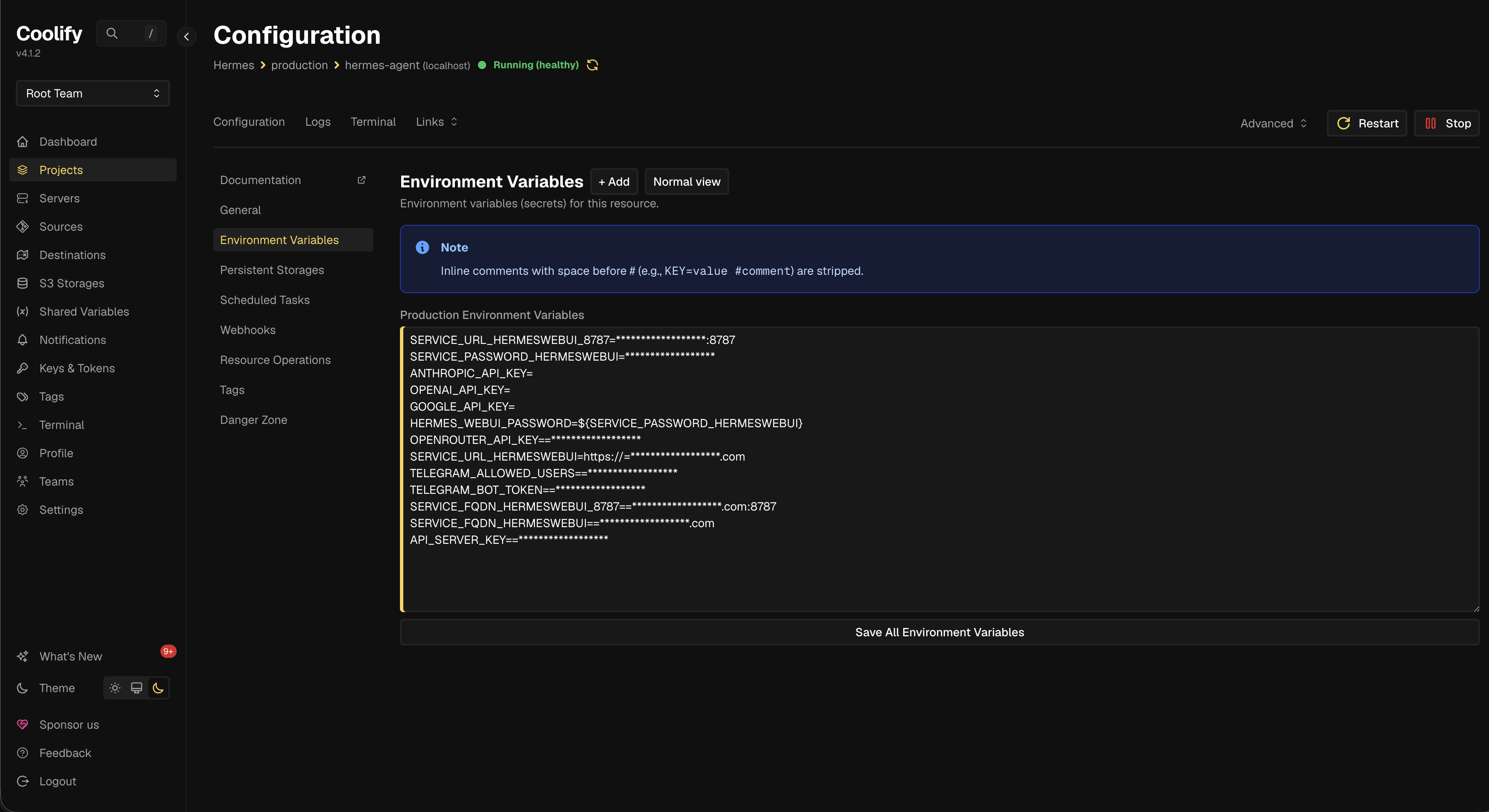 Coolify's environment variables screen, with every value masked
