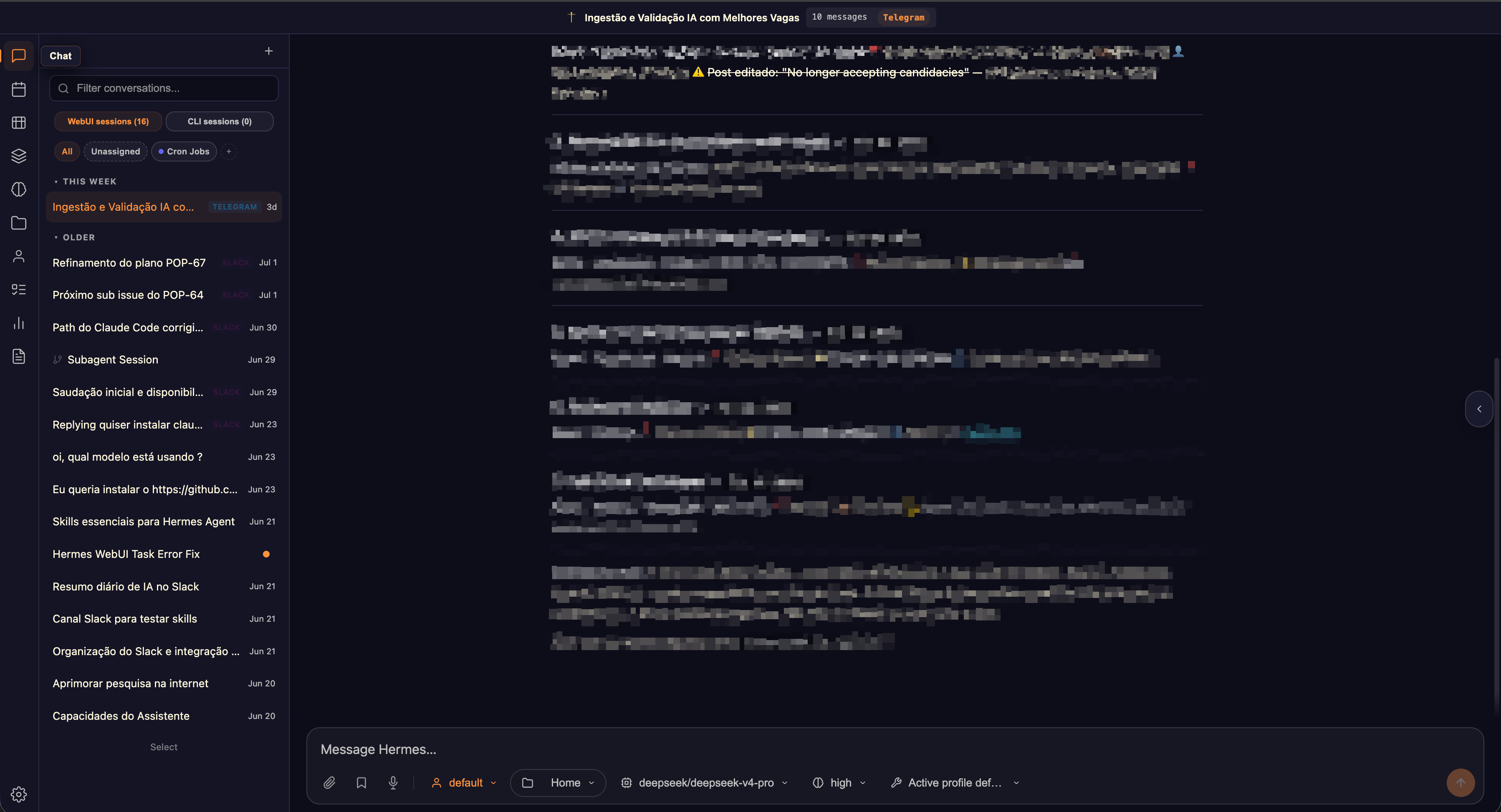 The hermes-webui chat page, with Telegram and Slack conversations in one list and one of them open